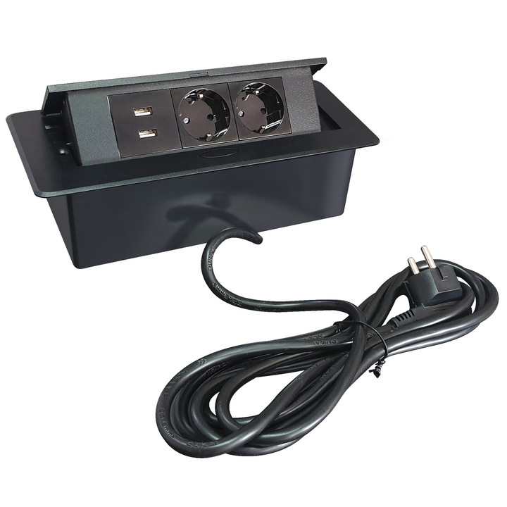 Priza incorporabila in blat bucatarie, masa sau birou LanKATT, 2 prize Schuko si 2 prize USB cu incarcator incorporat, incastrabila, lungime cablu 3m, finisaj negru