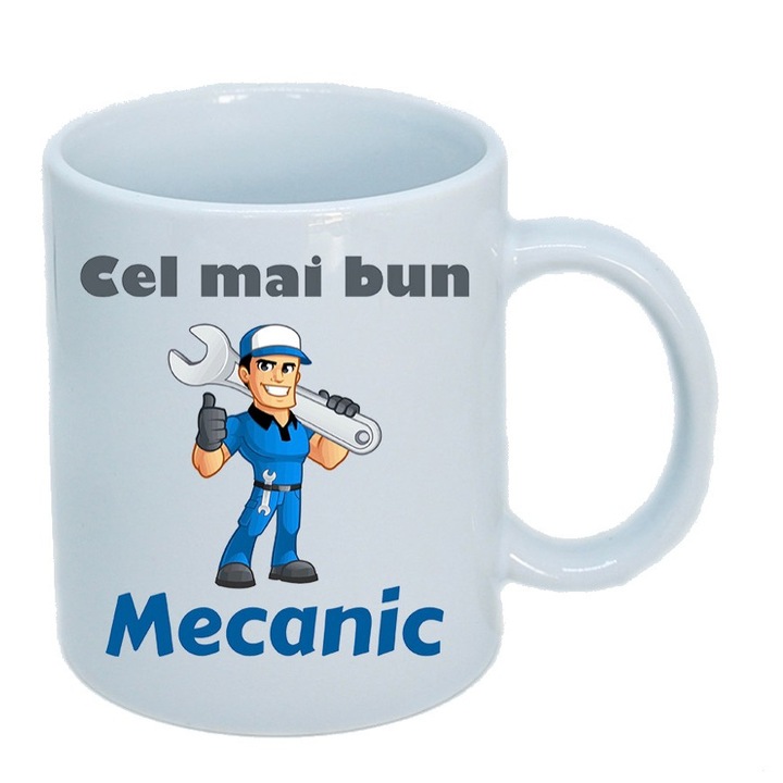 Cana personalizata ceramica alba " Cel mai bun mecanic ", 330 ml