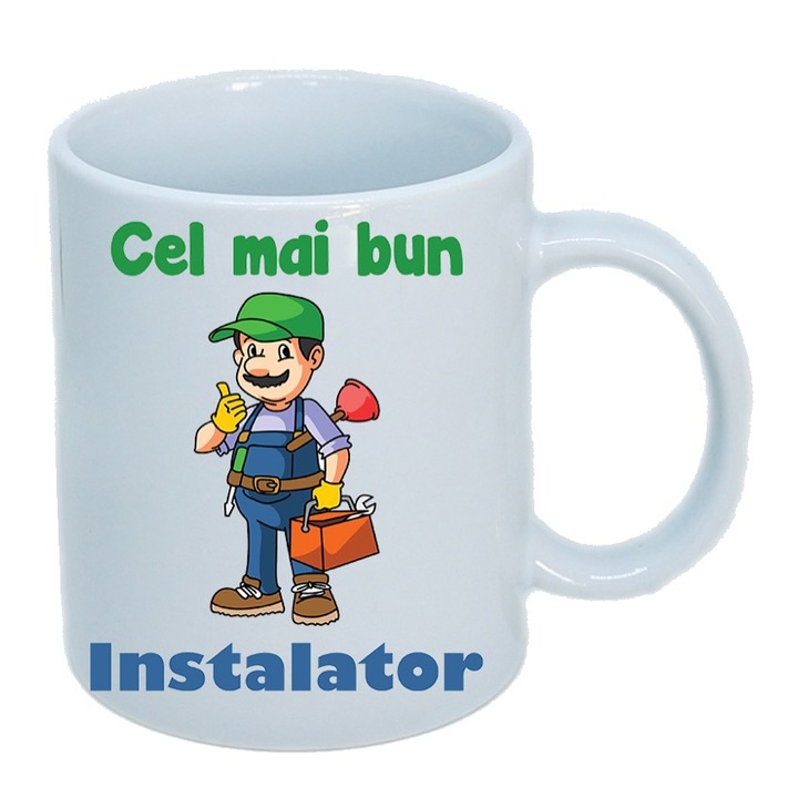 Cana personalizata ceramica alba " Cel mai bun instalator " , 330 ml