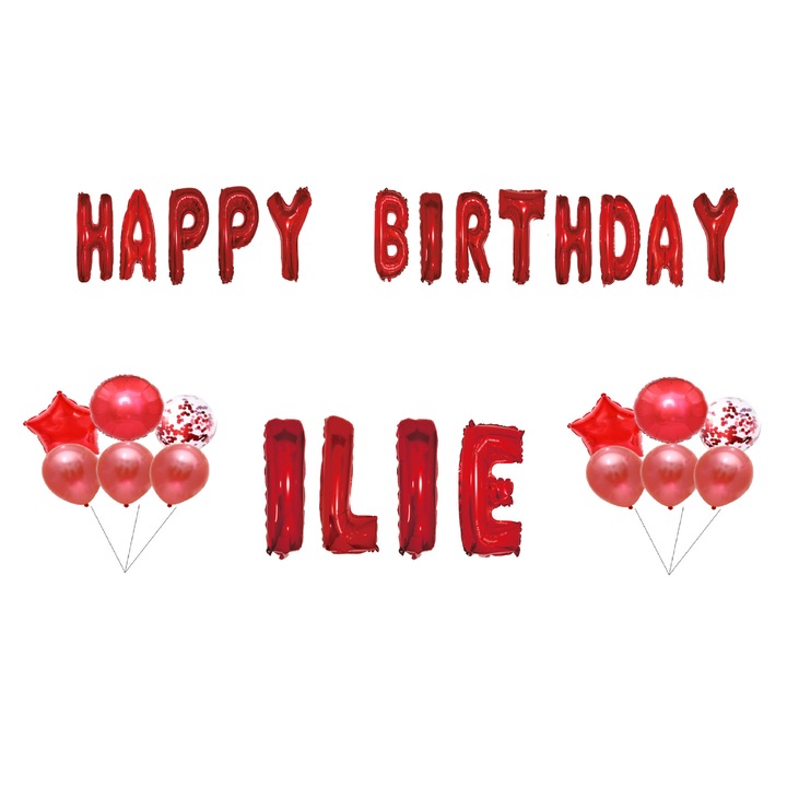 Boldog születésnapot Ilie lufi szett, tortafeltét, piros, 35 db