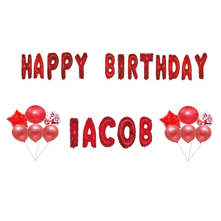 Boldog születésnapot Jacob lufi szett, tortafeltét, piros, 35 db