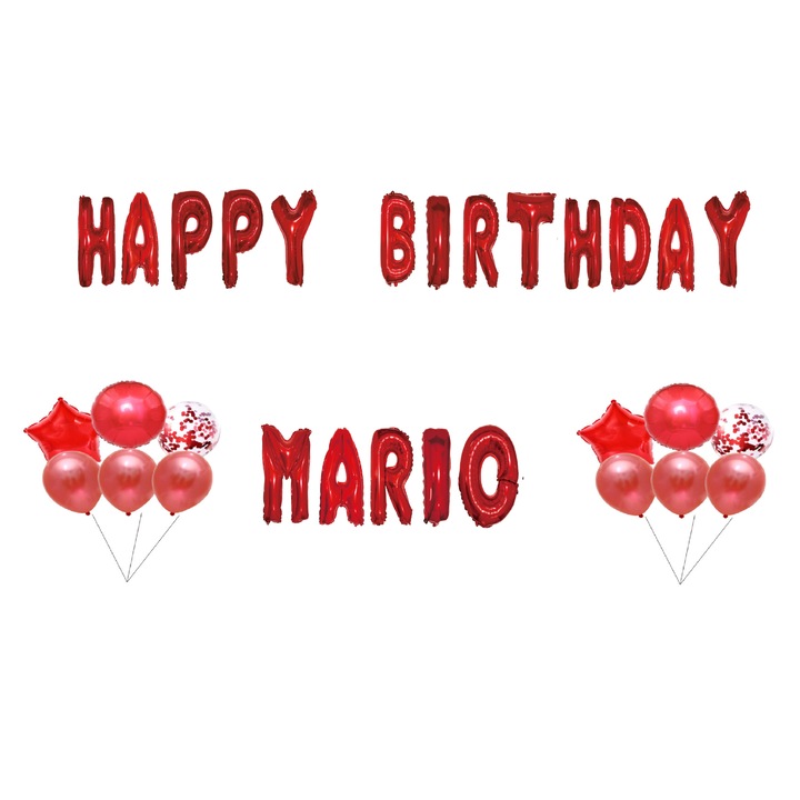 Boldog születésnapot Mario lufi készlet, tortafeltét, piros, 35 db