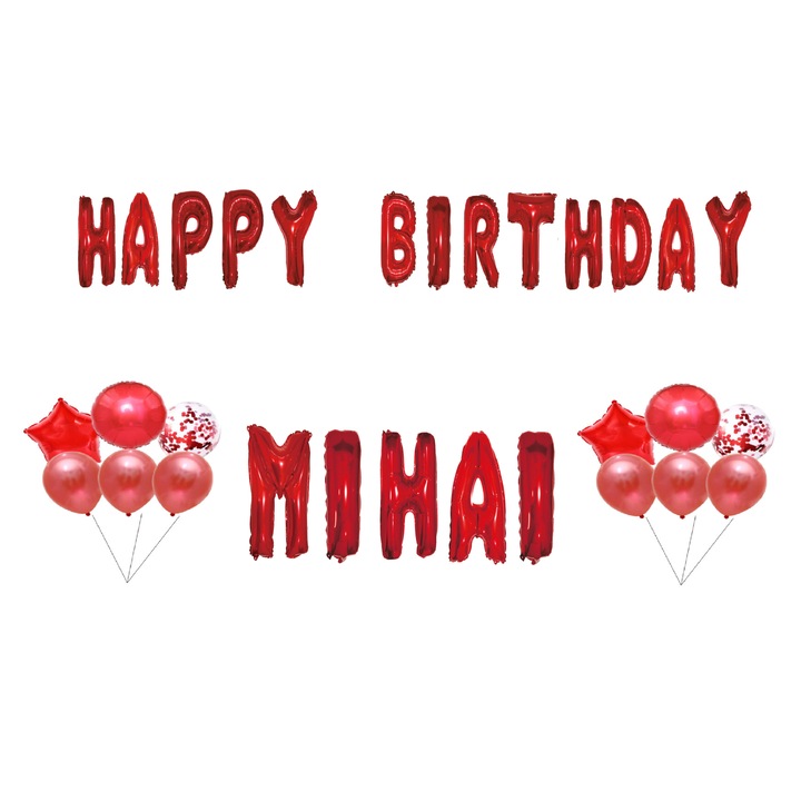 Boldog születésnapot Mihai lufi szett, tortafeltét, piros, 35 db