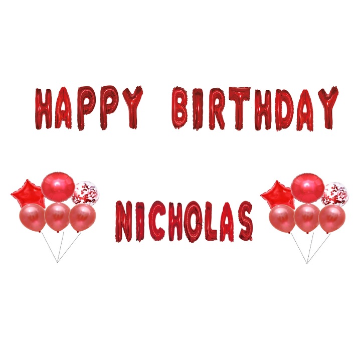 Комплект балони Happy Birthday Nicholas, Топер за торта, Червен, 35 бр