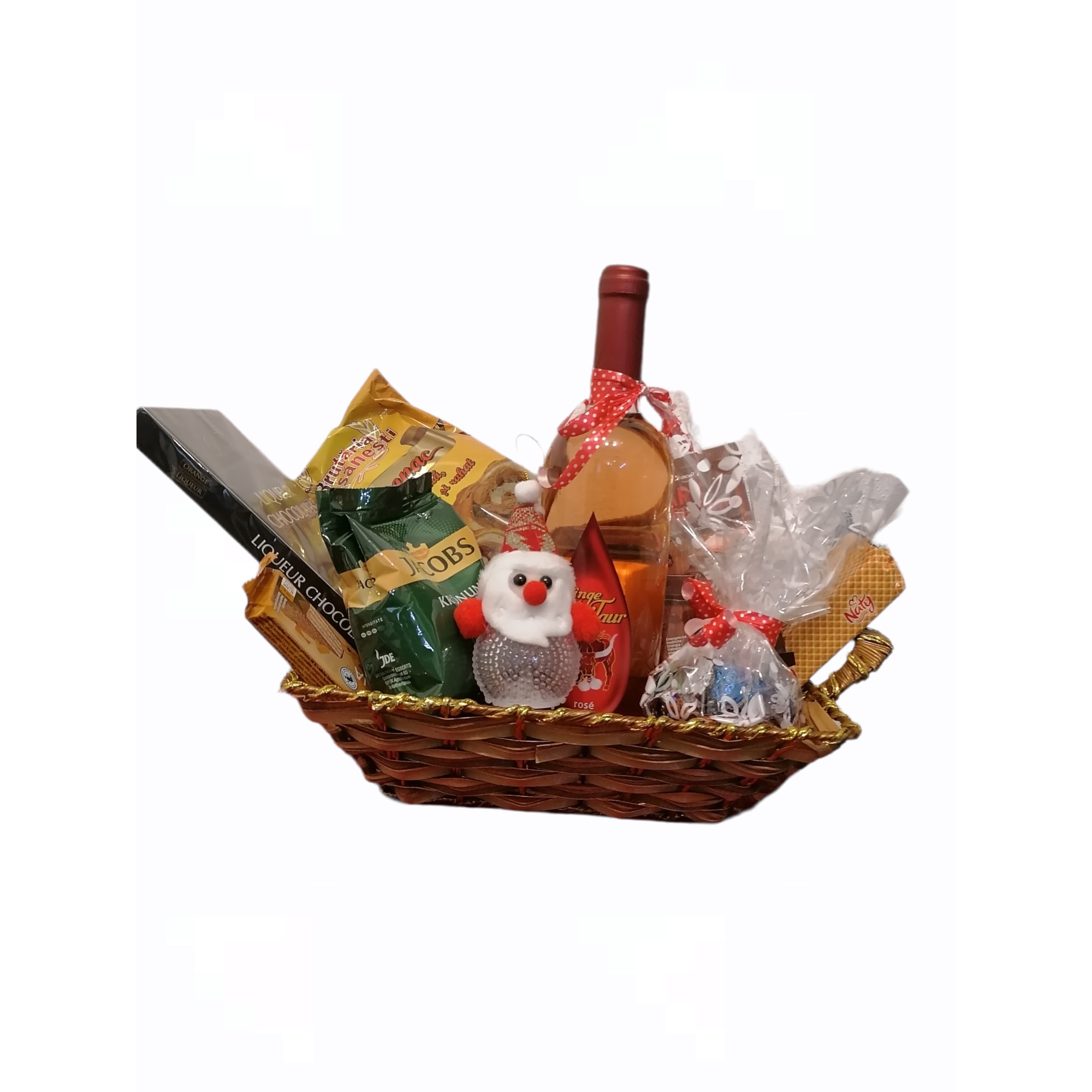 Cos cadou Craciun cs1 cu vin, cozonac traditional de Bailesti cu nuca si stafide, cafea, bomboane cu ciocolata si liqueur