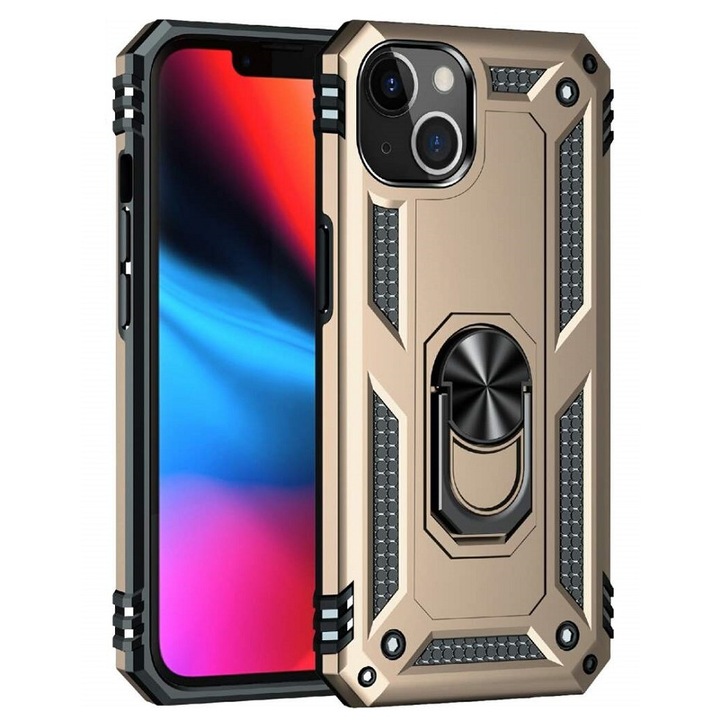 Husa ARMOR antisoc model HYBRID cu inel si placuta metalica pentru iPhone 13 Mini / Auriu