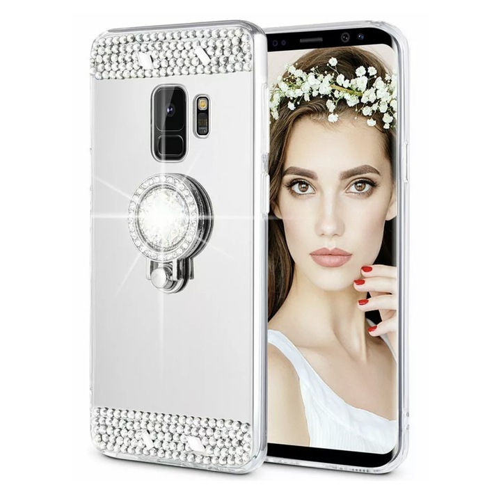 Husa silicon model Oglinda cu Inel si Pietricele pentru Samsung Galaxy S9, Argintiu