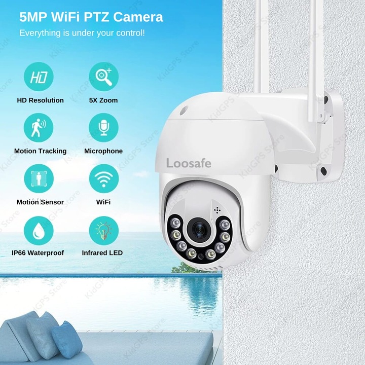 Камера за наблюдение, Loosafe 60HS Pro+ WIFI, 5MP, външна/вътрешна, Ultra HD 4K, 5X увеличение, въртене, светещи светодиоди, двупосочна комуникация, съхранение на карта/облак, сензор за движение, бял