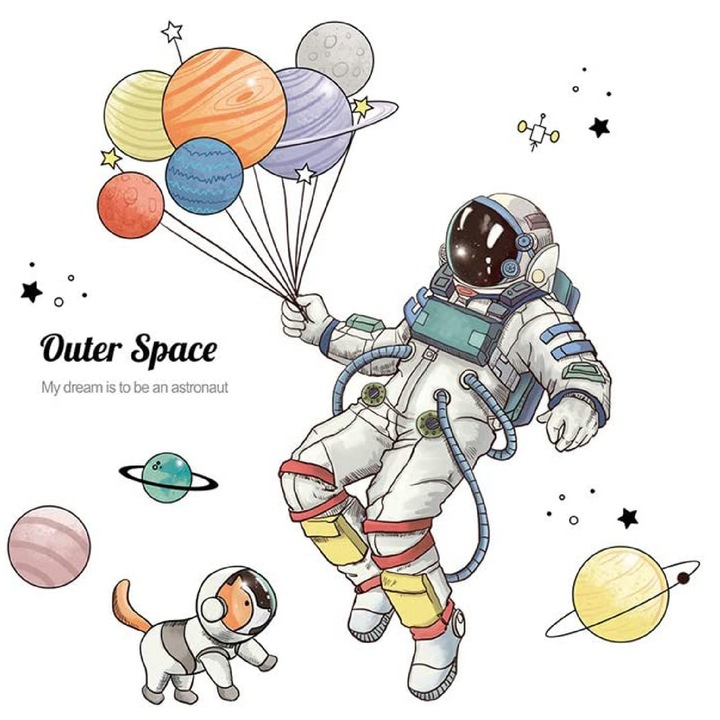 Sticker decorativ copii, astronauti, reutilizabil, rezistent la zgarieturi, spatiu, 85x60 cm