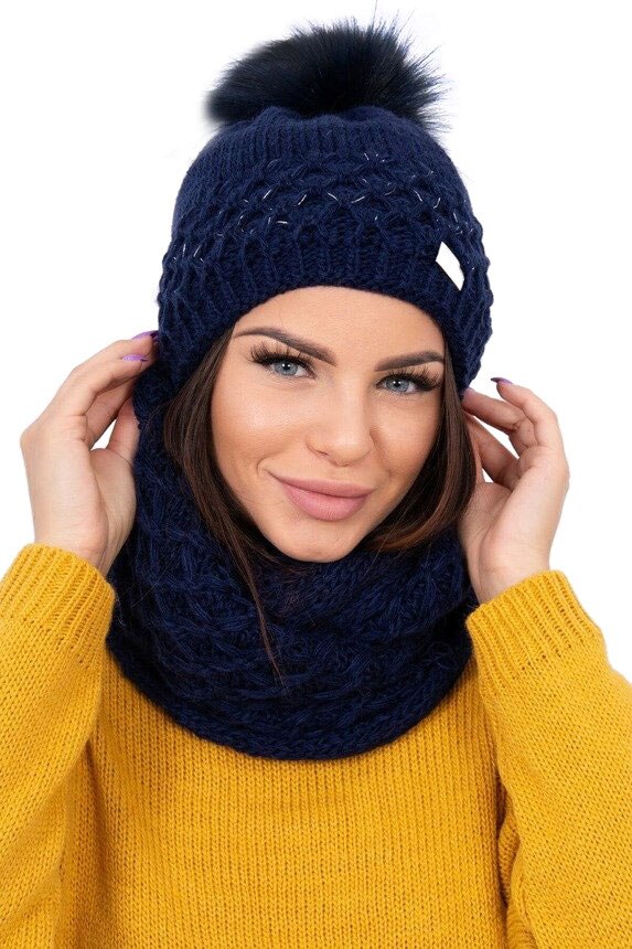 Set tricotat cu caciula si fular cu blanita, Marime universala, Bleumarin