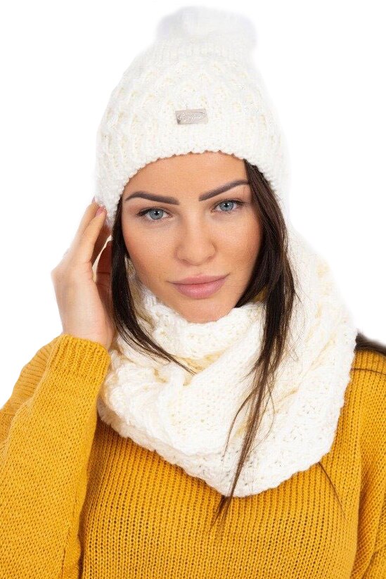 Set tricotat cu caciula si fular cu blanita, Marime universala, Alb