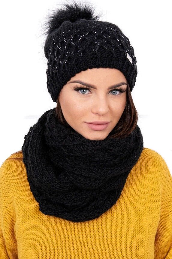 Set tricotat cu caciula si fular cu blanita, Marime universala, Negru