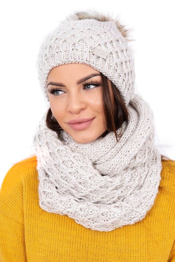 Set tricotat cu caciula si fular cu blanita, Marime universala, Bej