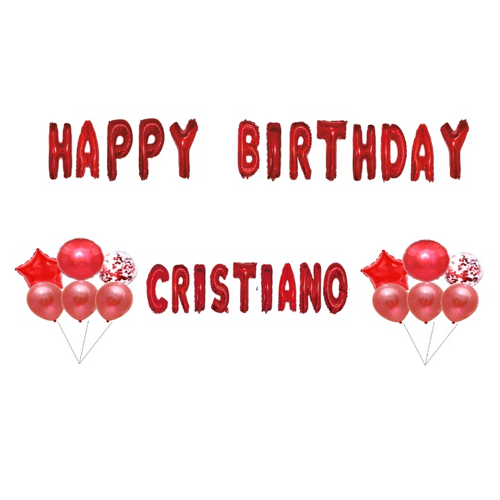 Boldog születésnapot Cristiano lufi szett, tortafeltét, piros, 35 db