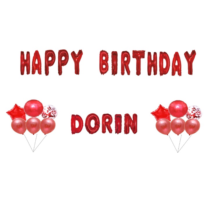 Комплект балони Happy Birthday Dorin, Топер за торта, Червен, 35 бр