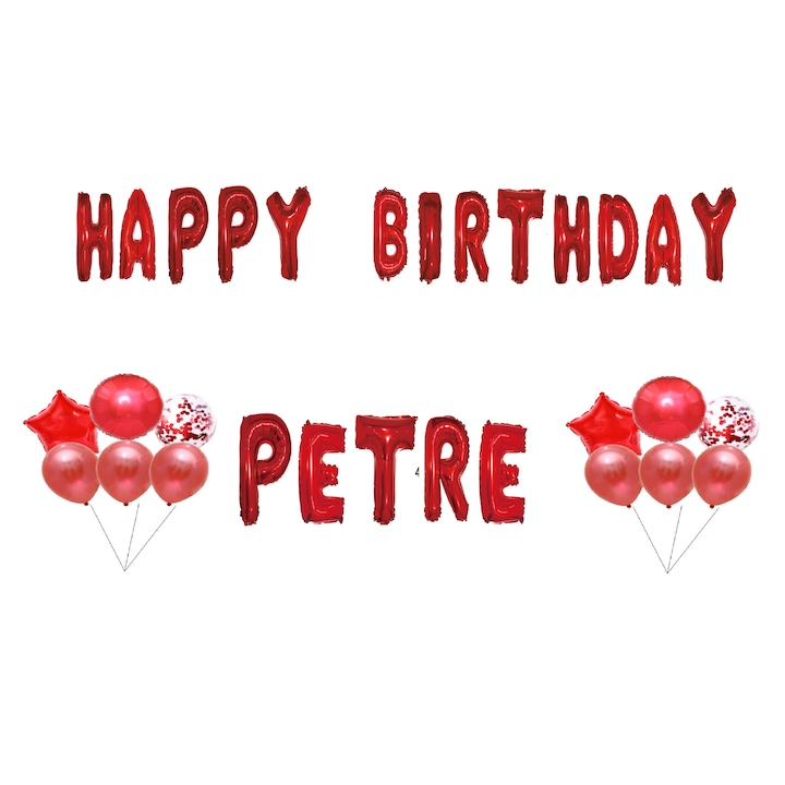 Boldog születésnapot Petre lufi készlet, tortafeltét, piros, 35 db