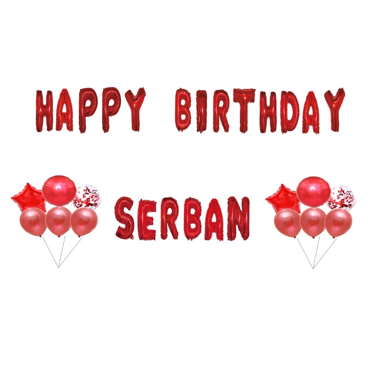 Szerb Boldog születésnapot lufi szett, tortafeltét, piros, 35 db
