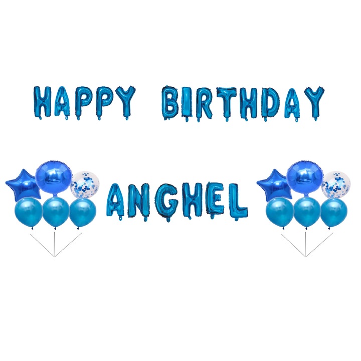 Angyal Boldog születésnapot lufi szett, tortafeltét, kék, 35 db