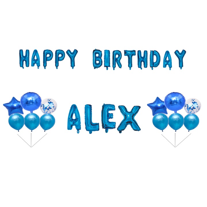 Комплект балони Happy Birthday Alex, Топер за торта, син, 35 бр