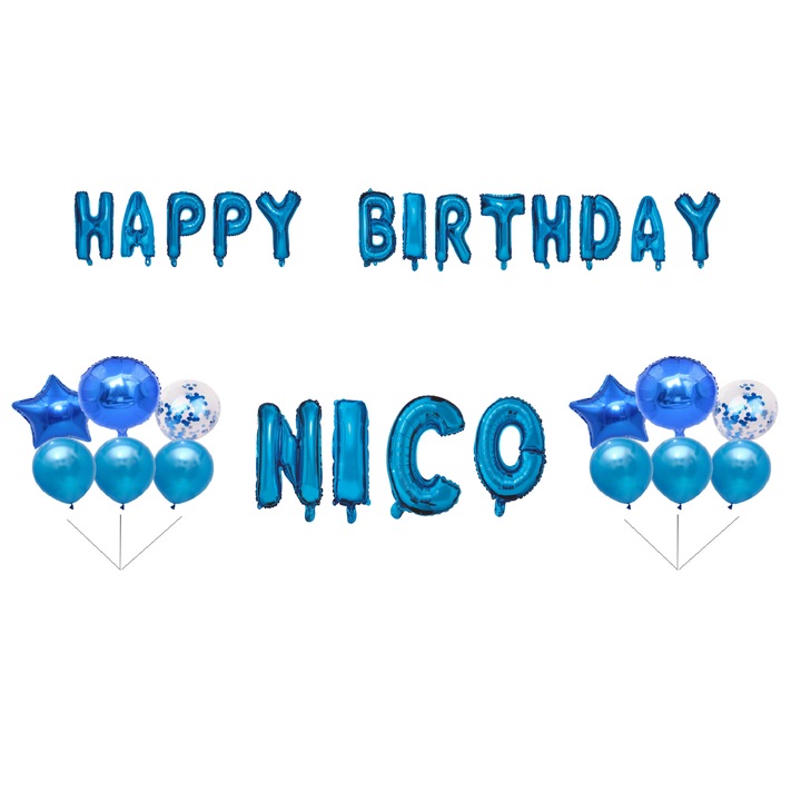 Комплект балони Happy Birthday Nico, Топер за торта, син, 35 бр