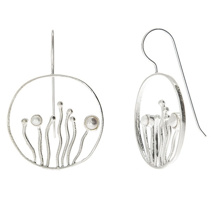 Cercei Argint Satinat Rotunzi cu Model Minimalist si Perle