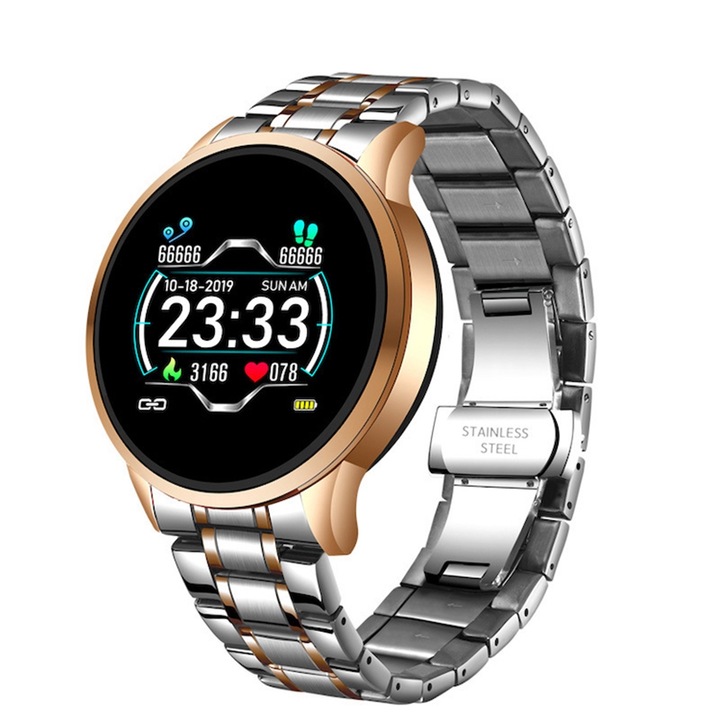 Ceas smartwatch business Lige BMG compatibil Android si IOS, notificari apeluri, mesaje, Display color 1.3 inch, monitorizare ritm cardiac, tensiune arteriala, masurare pasi, calorii, argintiu contur auriu