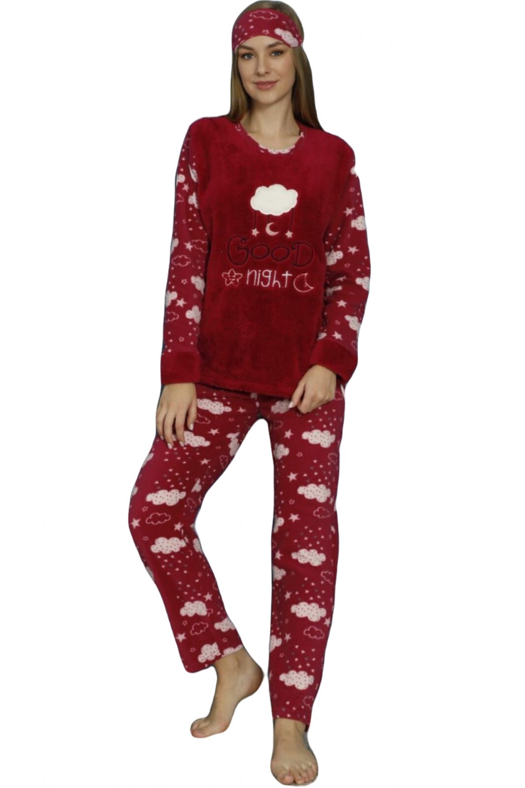 Pijama dama cocolino, pufoasa cu imprimeu Good night cadou Craciun, Rosu