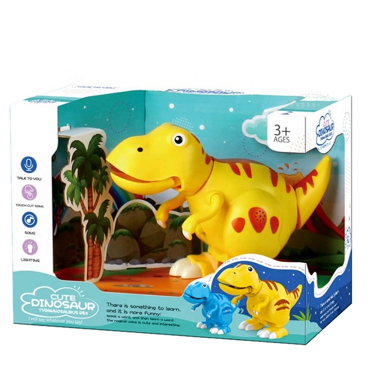 Dinozaur Tyrannosaurus Rex, lumini, sunete si miscari realiste, functie de inregistrare, atingeri melodii, galben