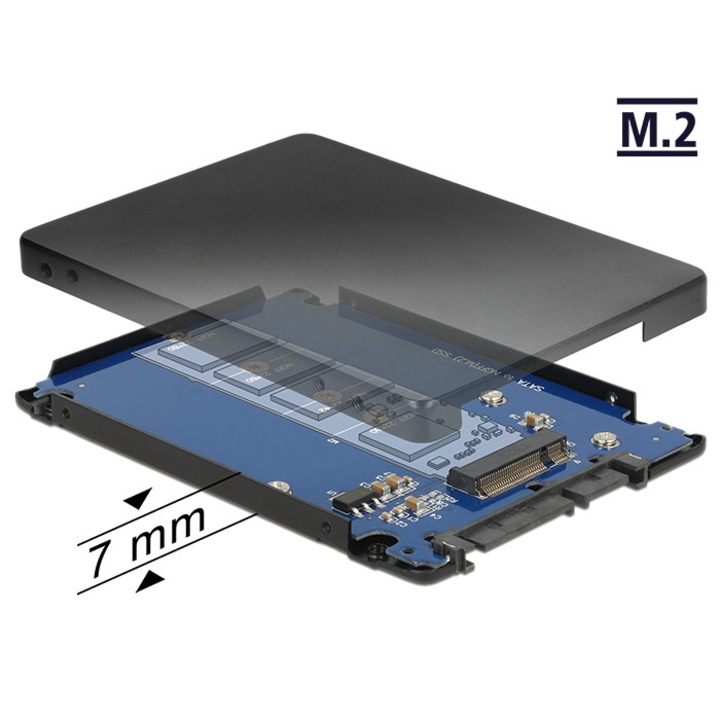 Adaptor DeLock 2,5" SATA III cu 22 pini la M.2 SSD, cu carcasa, compatibil M.2 NGFF 2280, 2260, 2242 si 2230