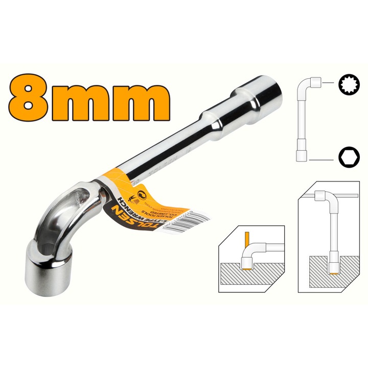 Cheie Tubulara Cotita TOLSEN 8 mm, Otel Forjat, Finisaj Crom Lucios