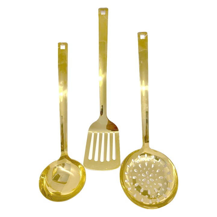 Set 3 ustensile pentru bucatarie premium din Inox GOLD - Polonic, Spumiera, Paleta