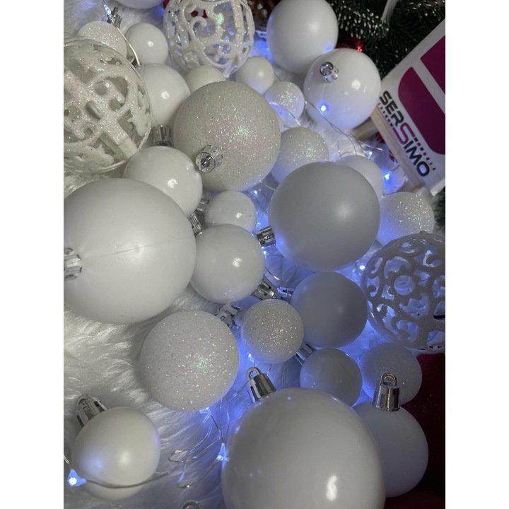 Set globuri si decoratiuni de Craciun, 100 piese, diverse dimensiuni cu stea, alb+