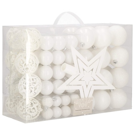 Set globuri si decoratiuni de Craciun, 100 piese, diverse dimensiuni cu stea, alb