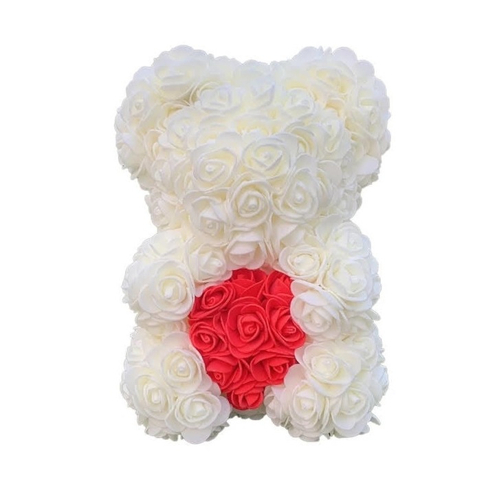 Rózsa maci, örök virág maci díszdobozban 25 cm - fehér-piros