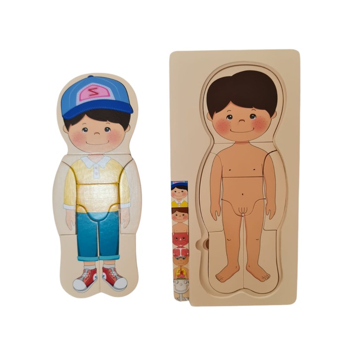 Joc Educativ Terapeutic din Lemn pentru Copii, Puzzle Incastru Anatomia Corpului, Baiat, 30 cm x 15 cm x 2 cm