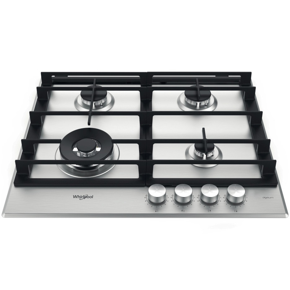 Plita incorporabila Whirlpool GMWL628IXLEE, Gaz, 4 zone gatit, Gratar fonta, 60 cm, Inox
