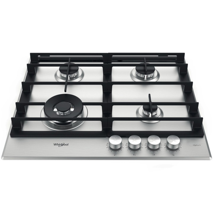 Whirlpool GMWL628IXLEE beépíthető főzőlap, Gáz, 4 főzőzóna, Öntöttvas grill, 60 cm, Rozsdamentes acél