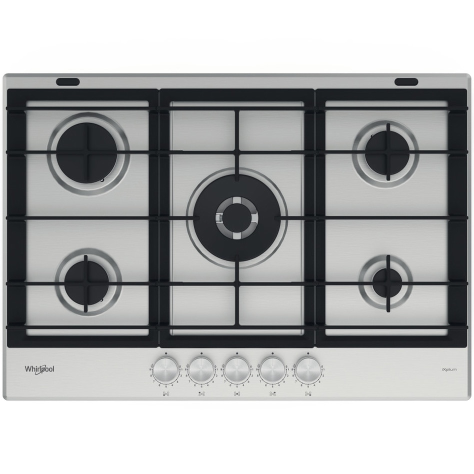 Plita incorporabila Whirlpool GMWL728IXL, Gaz, 4 zone gatit, Gratar fonta, 73 cm, Inox