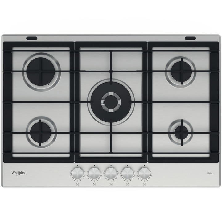 Whirlpool GMWL728IXL beépíthető főzőlap, Gáz, 4 főzőzóna, Öntöttvas grill, 75 cm, Rozsdamentes acél