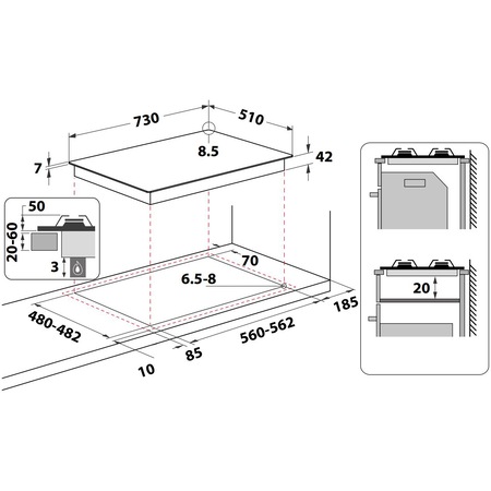 Plita incorporabila Whirlpool GMWL728IXL, Gaz, 4 zone gatit, Gratar fonta, 75 cm, Inox
