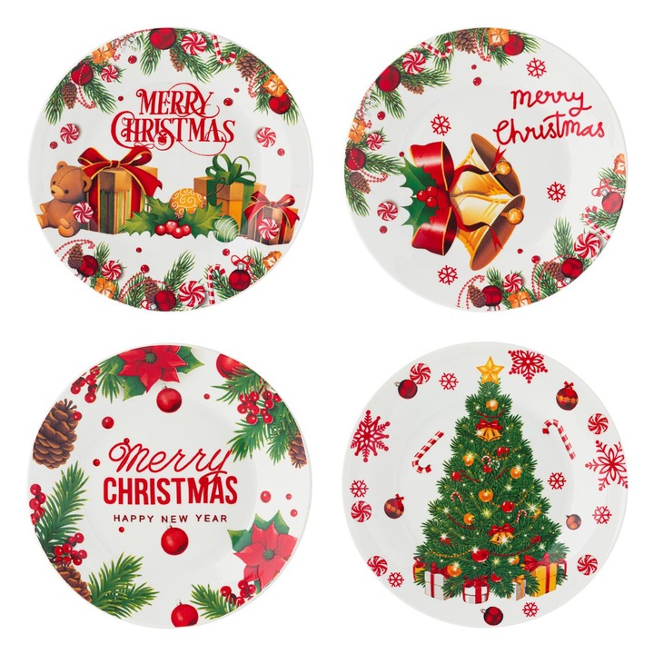 Set farfurii din portelan, de Craciun, 19 cm, multicolor, 4 buc