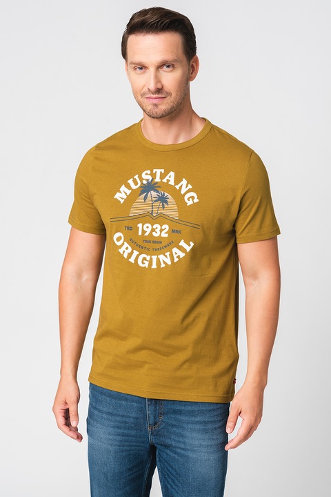 Mustang, Alex kerek nyakú póló kontrasztos logómintával, Fehér/Olívazöld, M