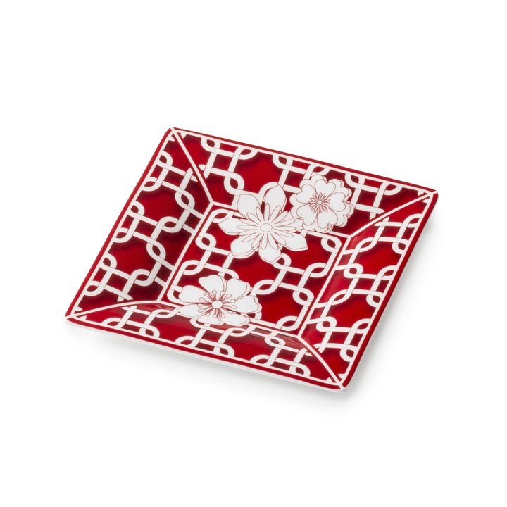 Mini Platou portelan, Lamart, alb/rosu, 12 x 12 cm