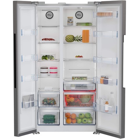 Frigider Side by side Beko GN1603140ZHXBN, 580 l, NeoFrost Dual Cooling, HarvestFresh, Everfresh+, HomeWhiz Wi-Fi, Compresor inverter, Clasa E, H 179 cm, Metal Look