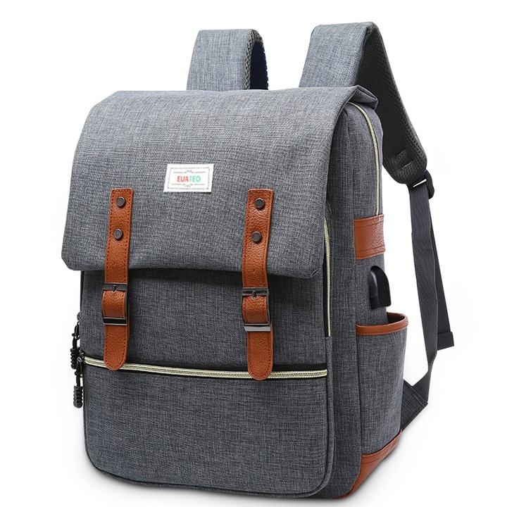 Rucsac unisex, Euotboup, Nylon, Echipat cu USB, Impermeabil, 15.6'', 42x30x13 cm, Gri