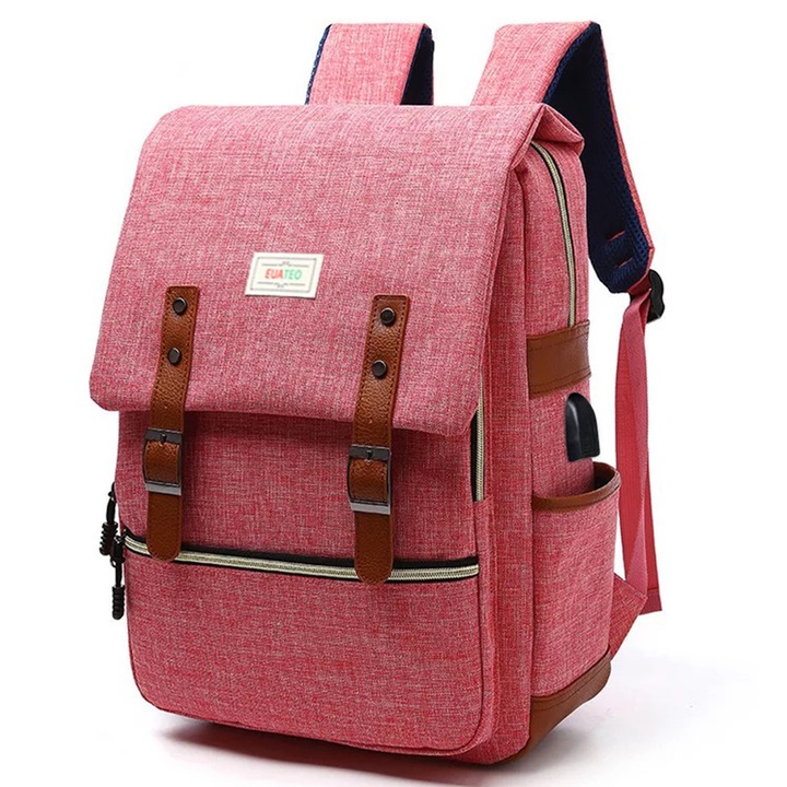 Rucsac unisex, Euotboup, Nylon, Echipat cu USB, Impermeabil, 15.6'', 42x30x13 cm, Roz