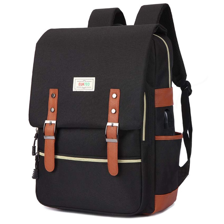 Rucsac unisex, Euotboup, Nylon, Echipat cu USB, Impermeabil, 15.6'', 42x30x13 cm, Negru