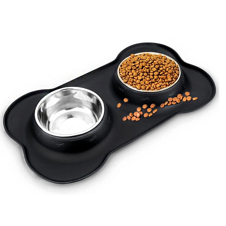 Suport boluri mancare animale, Disour, Inox/Silicon, Negru