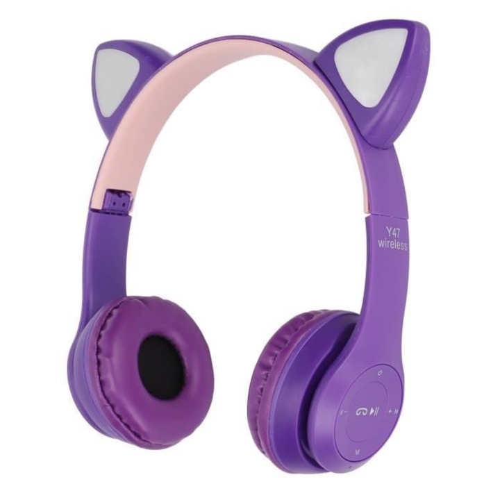 OEM Y47 Cat Ears vezeték nélküli fejhallgató, összecsukható, Bluetooth 5.0, RGB interaktív LED-ek, TF kártyahely, MP3 / WAV lejátszás, ibolya