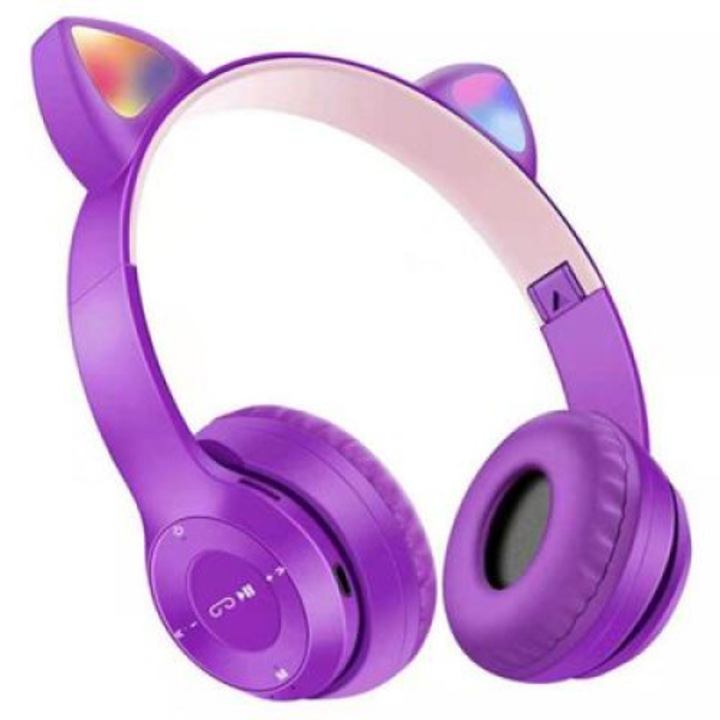 Y47 безжични слушалки с котешки уши, сгъваеми, Bluetooth 5.0, RGB интерактивни светодиоди, слот за TF карта, възпроизвеждане на MP3/WAV, лилаво